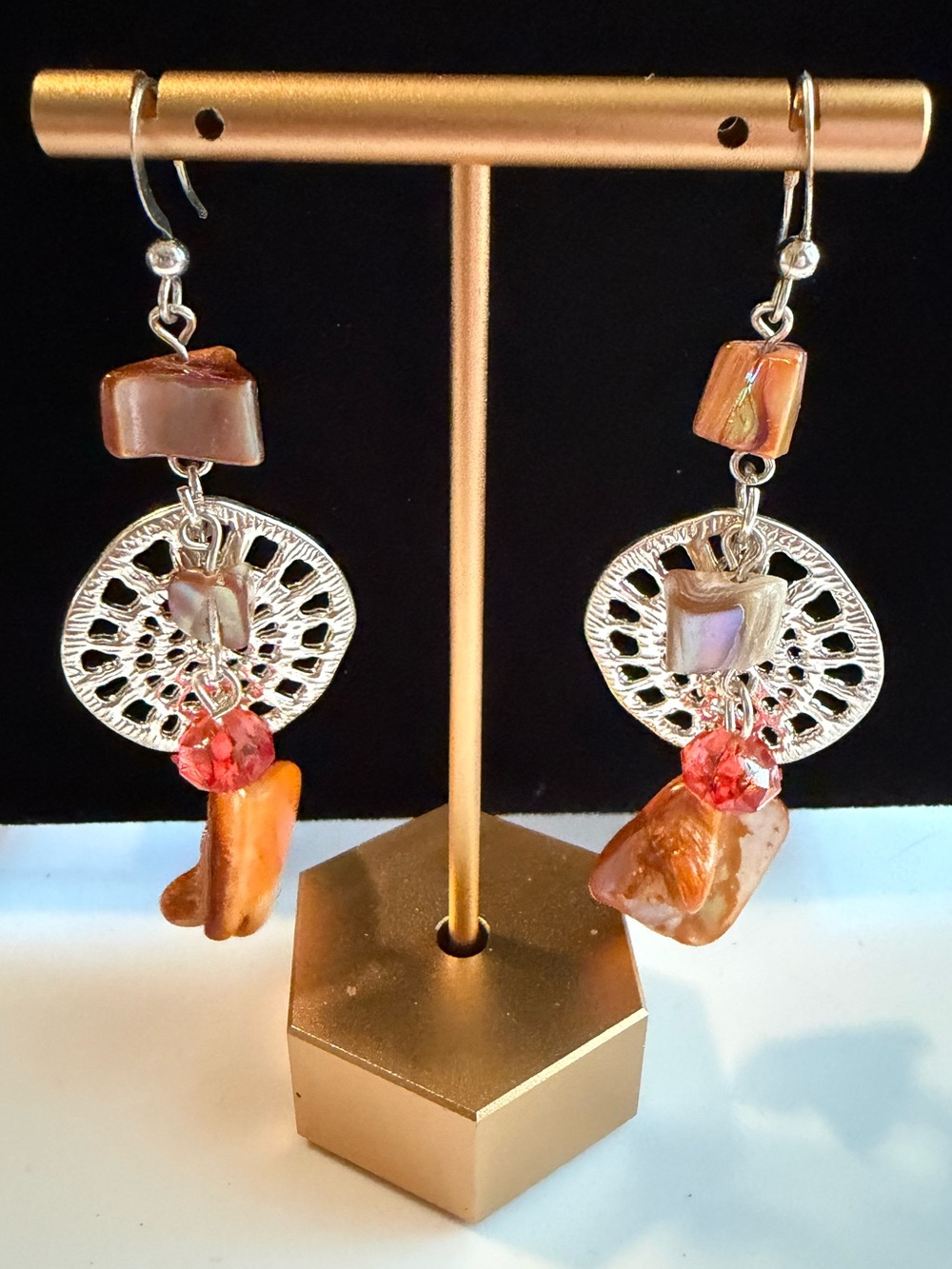 Vintage Silver-Tone Orange Shell Drop Earrings - Unbranded